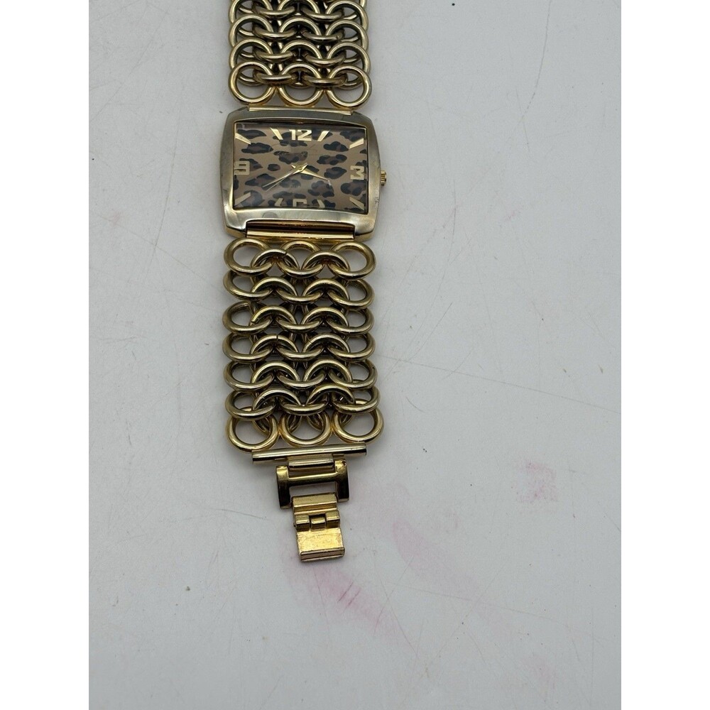 Women’s Leopard Print Dial Watch Gold Tone Wide Chain Bracelet Untested